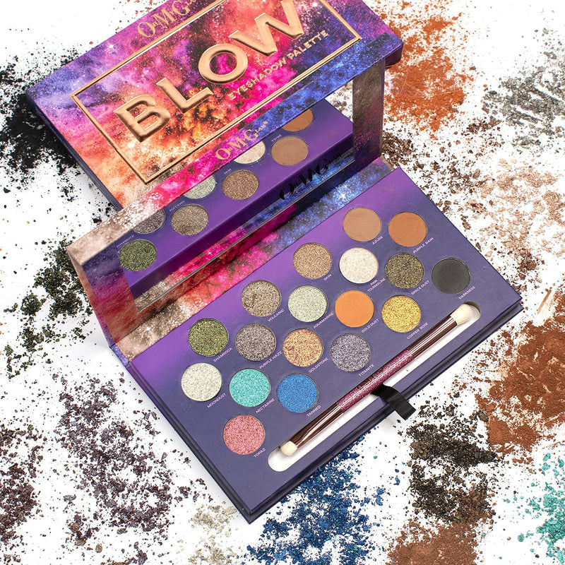 OH MY GLAM BLOW Eyeshadow Palette with Brush 18 Colours Matte Frosty Shimmer Glitter Set Greens Blues Whites Oranges Browns Powder Pigmented Make Up Kit - NewNest Australia