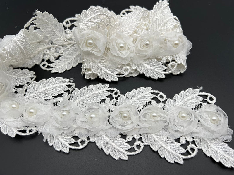 PEPPERLONELY 1 Yard White 3D Pearl Chiffon Flower Embroidered Lace Edge Trim Ribbon, Flower Width 7.5cm - NewNest Australia