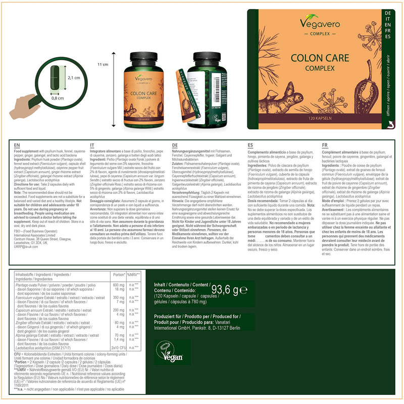 Colon Clean Vegavero, 60 Days Natural Intestinal Treatment, Fiber (Psyllium Husks), Lactic Acid Bacteria, Ginger & Galangal, For Constipation & Bloating, Vegan & No Additives, 120 Capsules - NewNest Australia