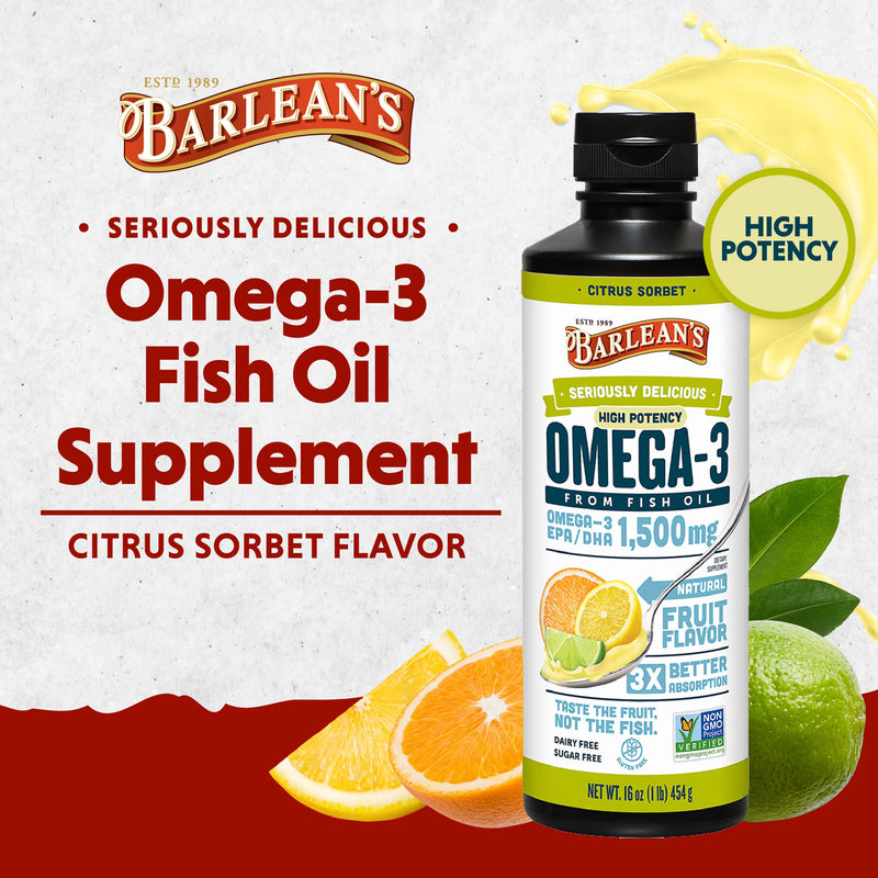 Barlean's Citrus Sorbet High Potency Omega 3 Fish Oil Liquid Supplement, 1500mg of EPA & DHA Fatty Acid, Smoothie Flavored & Burpless for Brain, Joint, & Heart Health, 16 oz - NewNest Australia