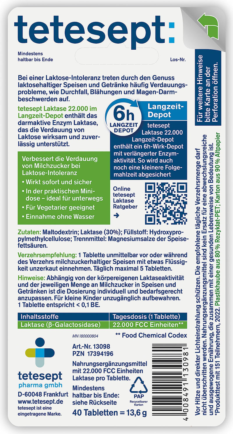 tetesept Lactase 22,000 - lactase tablets for lactose intolerance - dietary supplement with immediate effect & 6h long-term depot - 1 can of 40 pieces of Lactase 22,000 new - NewNest Australia
