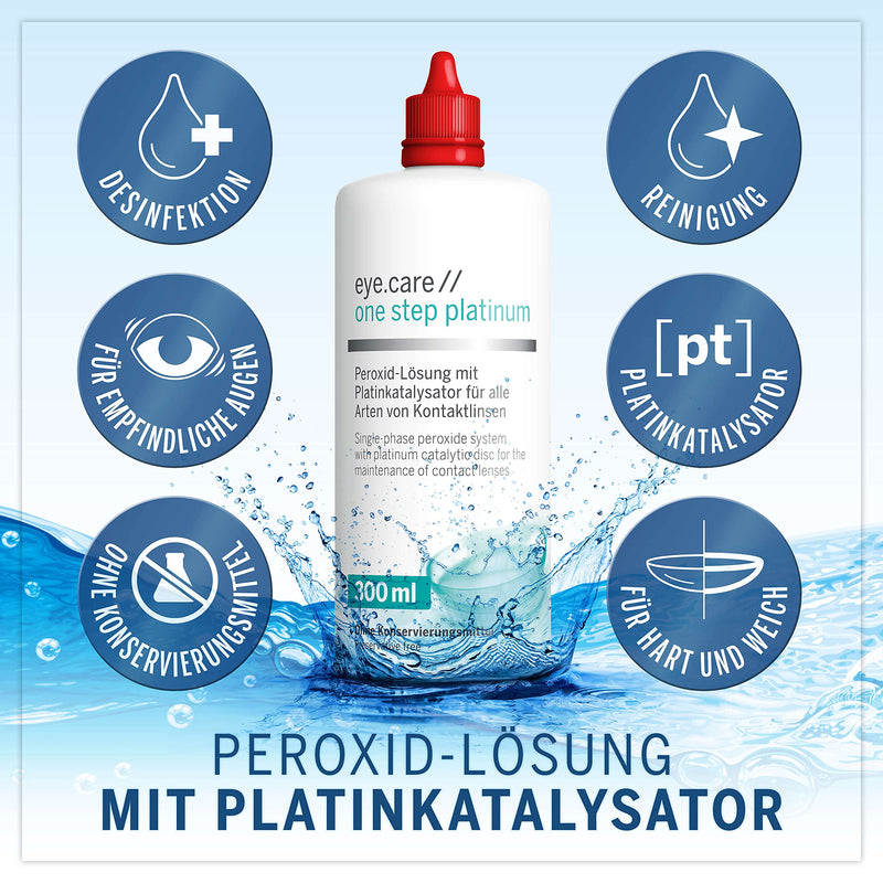 Eye.care platinum solution peroxide cleaner with platinum catalyst for disinfecting soft and hard contact lenses. Without preservatives including container 300 ml - NewNest Australia