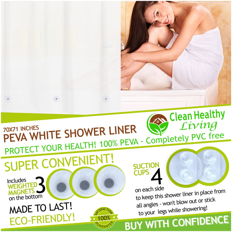 Clean Healthy Living Premium PEVA White Shower Curtain Liner with Magnets & Suction Cups - 70 X 71 in. Long 1 Pack - NewNest Australia