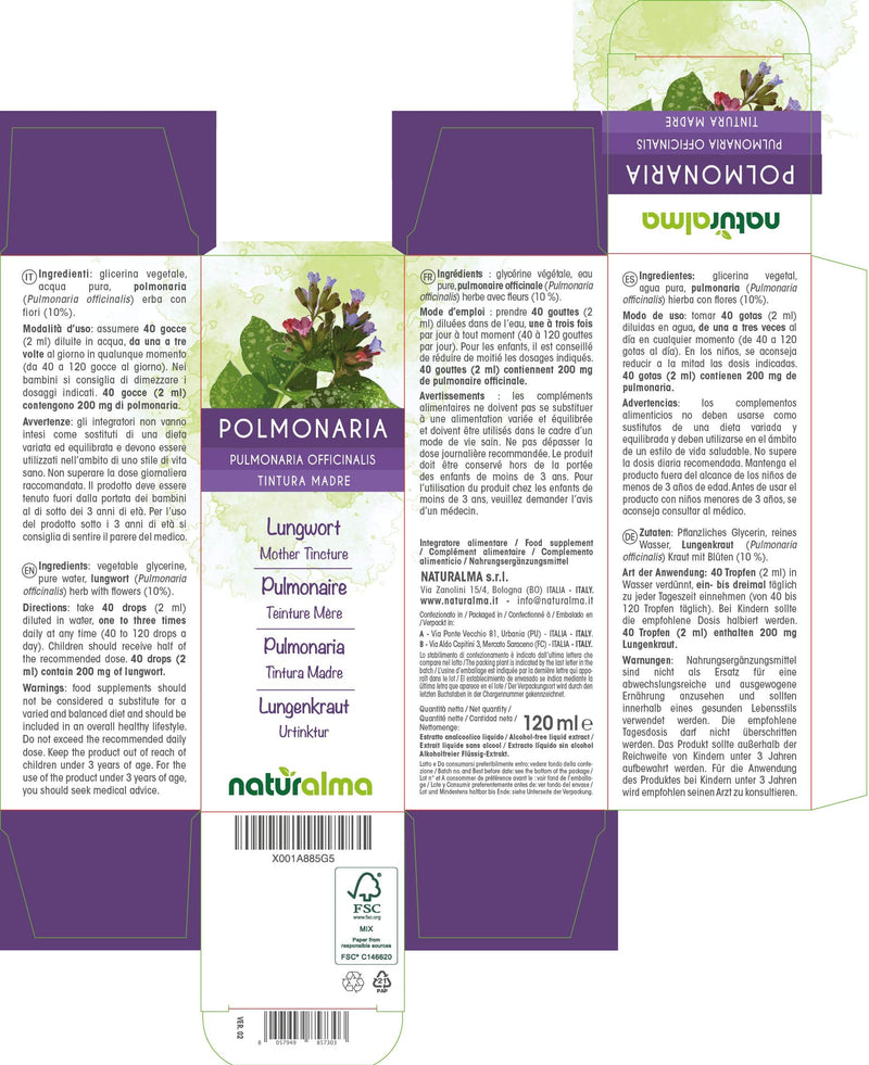 Lungwort (Pulmonaria officinalis) herb with Flowers Alcohol-Free Mother Tincture Naturalma | Liquid Extract Drops 120 ml | Food Supplement | Vegan 120 ml (Pack of 1) - NewNest Australia