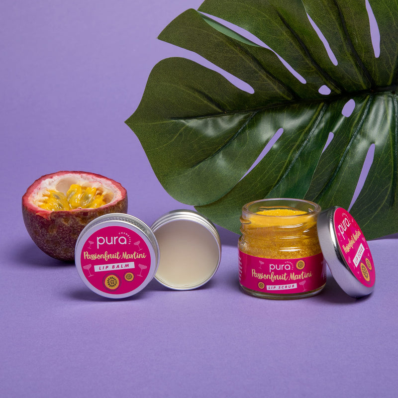 Pura Cosmetics Passionfruit Martini Lip Scrub and Balm Gift Set - Vegan, Natural Ingredients, Cruelty-Free, Plastic-Free Packaging & Handmade in the UK - NewNest Australia