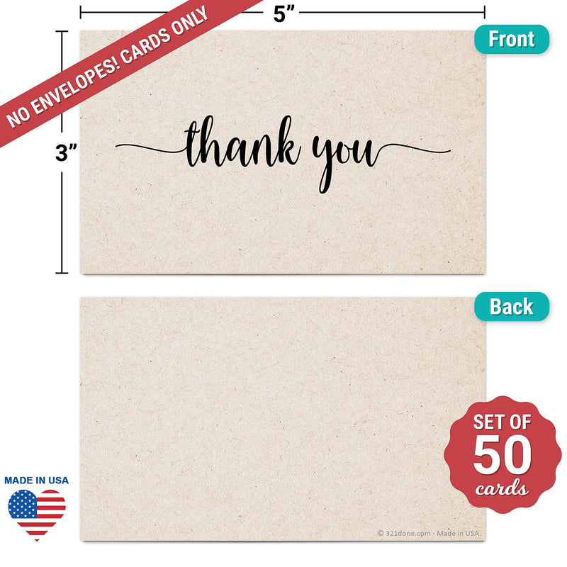 321Done Thank You Note Cards (Set of 50) 3" x 5" - Blank on Back - Made in USA, Cute Modern Script Kraft Tan Thick Cardstock, Small Small (3 x 5 inches) No Envelopes - Blank on Back - NewNest Australia