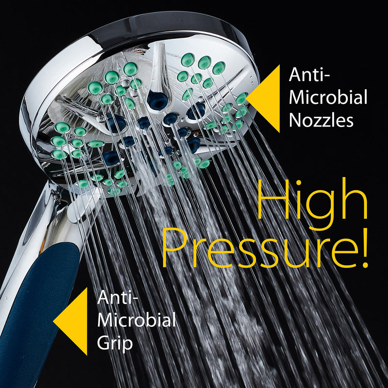 Hotel Spa Notilus Antimicrobial High Pressure Luxury Hand Shower - 6 Settings, Antimicrobial Anti-Clog Nozzles and Grip, Metal Fittings, Stainless Steel Hose / All-Chrome Finish / Top American Brand - NewNest Australia