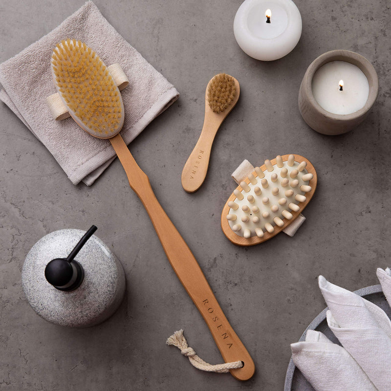 Dry Brushing Body Brush Set - Best for Cellulite, Lymphatic Drainage & Skin Exfoliating - Natural Bristle Spa Kit - Long Handle Back Scrubber, Massager & Face Exfoliator for Radiant Skin - NewNest Australia