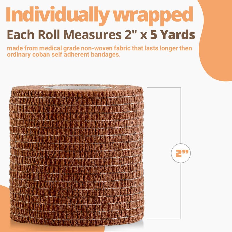 NewNest Australia - 6 Pack, Self Adherent Cohesive Tape - 2" x 5 Yards, (Medium Tan Shade) Self Adhesive Bandage Rolls & Sports Athletic Wrap for Ankle, Wrist, Knee Sprains and Swelling 