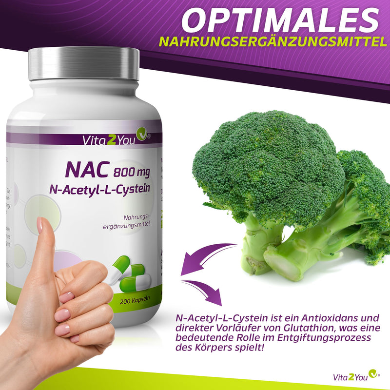 Vita2You NAC 800mg - 200 capsules - N-Acetyl L-Cysteine - without additives - high dosage - amino acid - premium quality - NewNest Australia