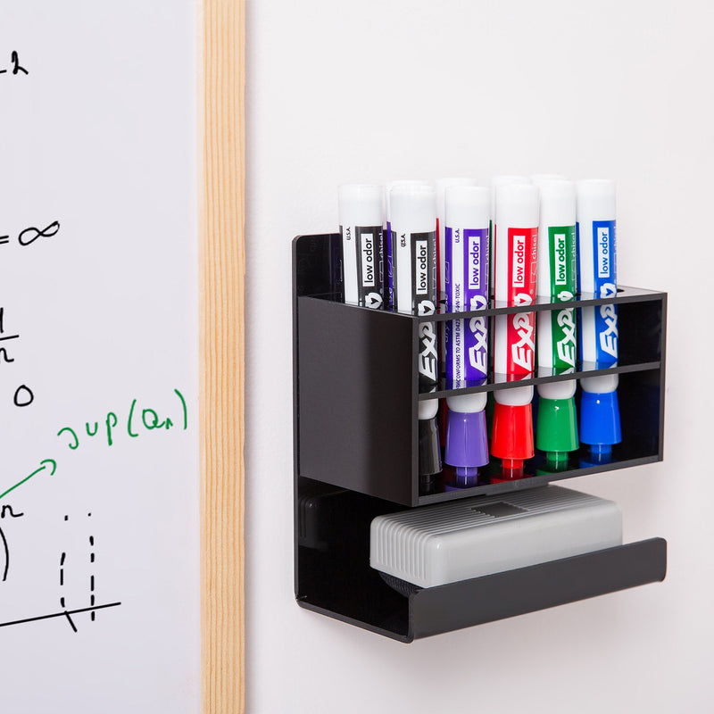 MyGift Wall Mounted Black Acrylic Dry Erase Whiteboard Marker Holder Stand with 10 Marker Slots and Eraser Holder - NewNest Australia