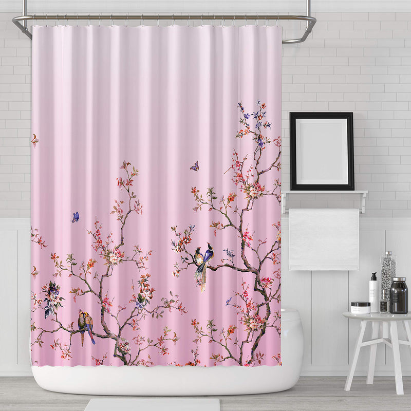 LIVETTY Birds Climbing Flowers Butterflies Fabric Shower Curtain (Pink, W 72x H 72 Inch) Pink - NewNest Australia