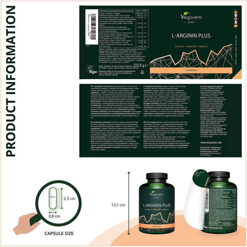 L-Arginine Complex Vegavero® | with Maca, Tribulus Terrestris, Zinc, Cordyceps & Vitamin C | 270 Vegan Capsules | NO Additives, Gelatine or Bulkin Agents - NewNest Australia