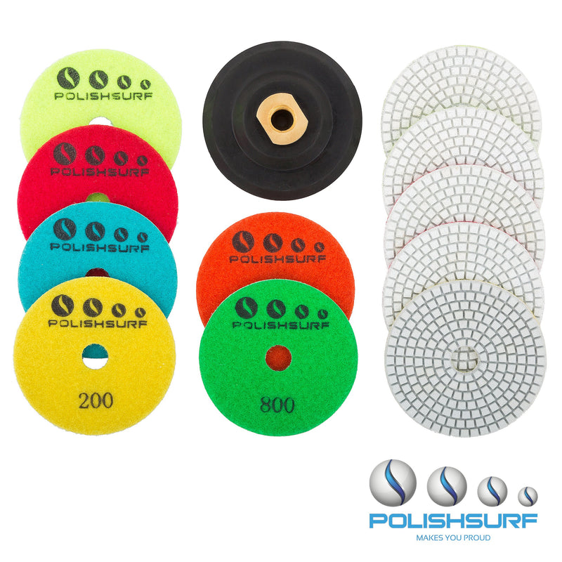 Diamond Polishing Pads 4 inch Wet/Dry Set of 11+1 Backer Pad for Granite Concrete Marble Polishing plus eBook - Polishing Process Best Practices by POLISHSURF - NewNest Australia