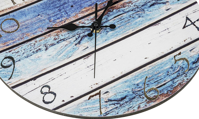 NewNest Australia - Bernhard Products Rustic Beach Wall Clock 12" Round, Silent Non Ticking Quartz - Battery Operated, Fiberboard Wooden Look, Vintage Shabby Beachy Ocean Coastal Paint Boards Nautical Decorative Clocks 12 Inch 