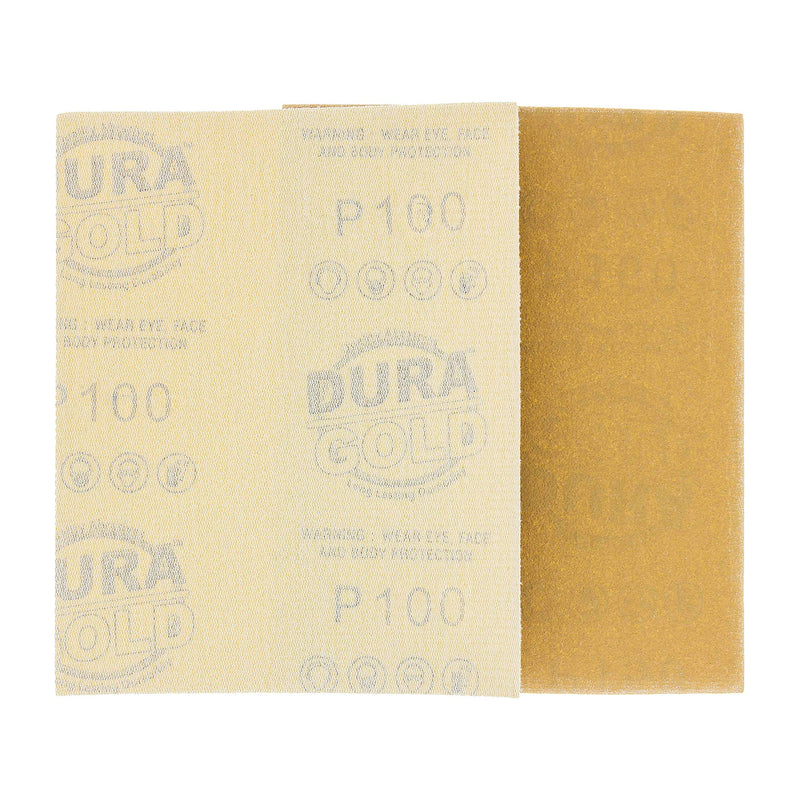 Dura-Gold - Premium - 100 Grit Gold - 1/4 Sheet Hook & Loop or Clip On Sandpaper 5.5" x 4.5" - For Automotive & Wookworking Palm Sanders - Box of 24 100-Grit - NewNest Australia