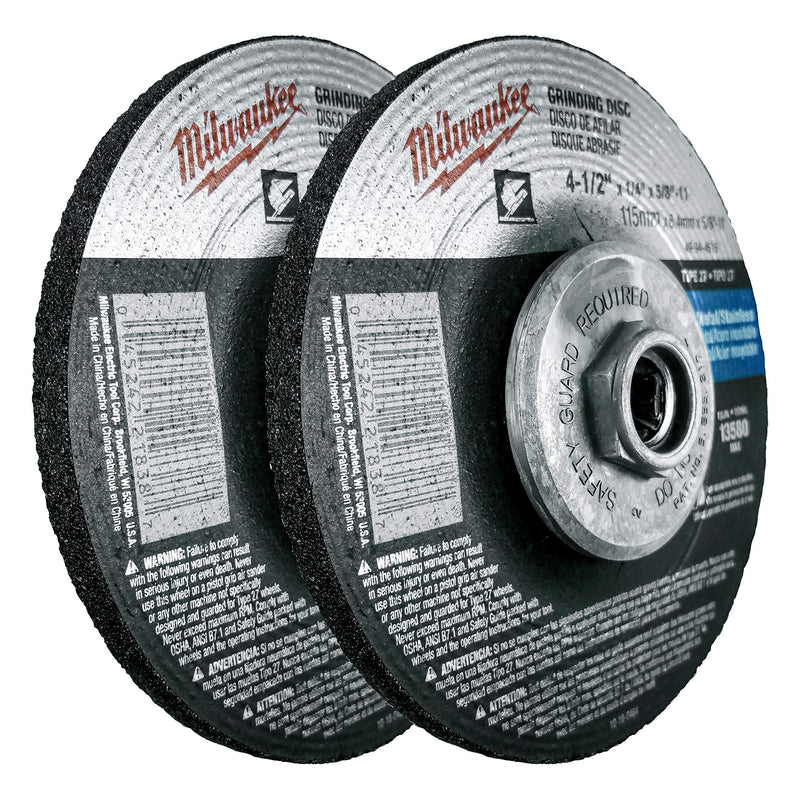 Milwaukee 2 Pack - 4 1 2 Hubbed Grinding Wheel For Grinders - Aggressive Grinding For Metal & Stainless Steel - 4-1/2" x 1/4 x 7/8-Inch | Depressed 2 Pack | Hubbed - NewNest Australia