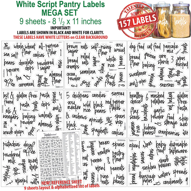 NewNest Australia - Talented Kitchen 157 White Script Pantry Labels – White Pantry Label Sticker Ingredients. Water Resistant, Food Jar Labels. Jar Decals f/Pantry Organization Storage (Set of 157 – White Script Pantry) 