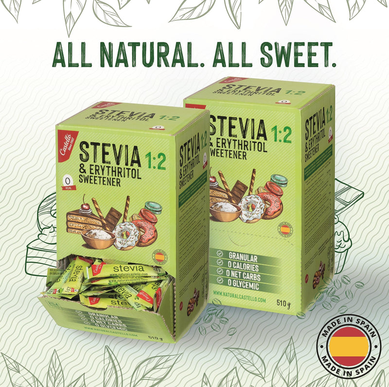 Stevia + Erythritol 1:2 Sweetener | 204 Bags Of 2.5G | 100% Natural Sugar Substitute - 0 Calories - 0 Glycemic Index - Keto And Paleo - 0 Carbohydrates - No Gmo - Castello Since 1907-510 G - NewNest Australia