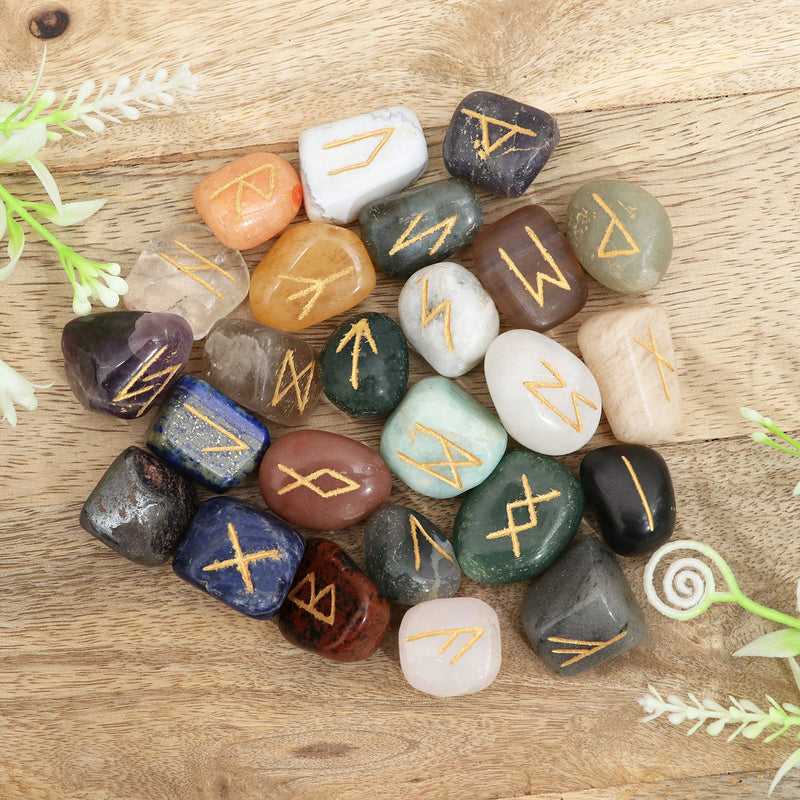 Crocon Mix chakra Rune tumble shape gemstone rune with Elder Futhark Alphabet Engraved | 25 pcs runes set | Crystal Divination Healing Chakra Reiki | with a pouch| Size : 25-30 mm - NewNest Australia