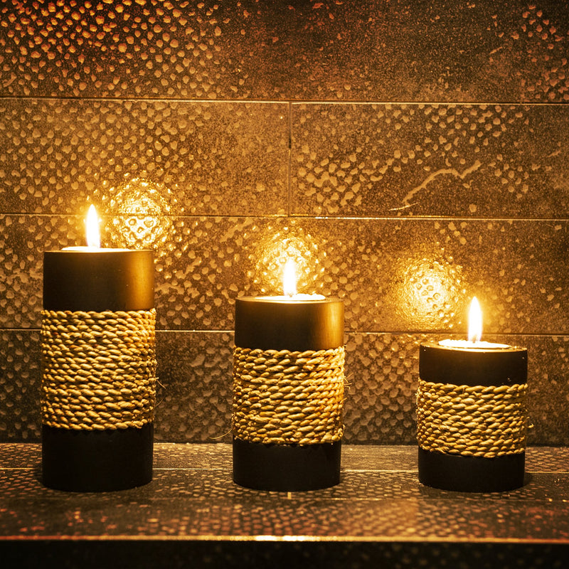 NewNest Australia - IYARA CRAFT Tealight Candle Holders with Candle Tray Set of 3 Decorative Candle Holders Matte Wood Finish with Small Rope Decoration 