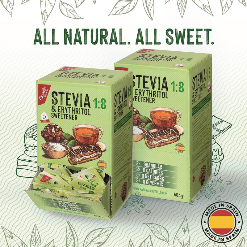 Stevia + Erythritol 1:8 Sweetener | 504 Sachets Of 1G | 100% Natural Sugar Substitute - 0 Calories - 0 Glycemic Index - Keto And Paleo - 0 Carbohydrates - No Gmo - Castello Since 1907-504 G - NewNest Australia