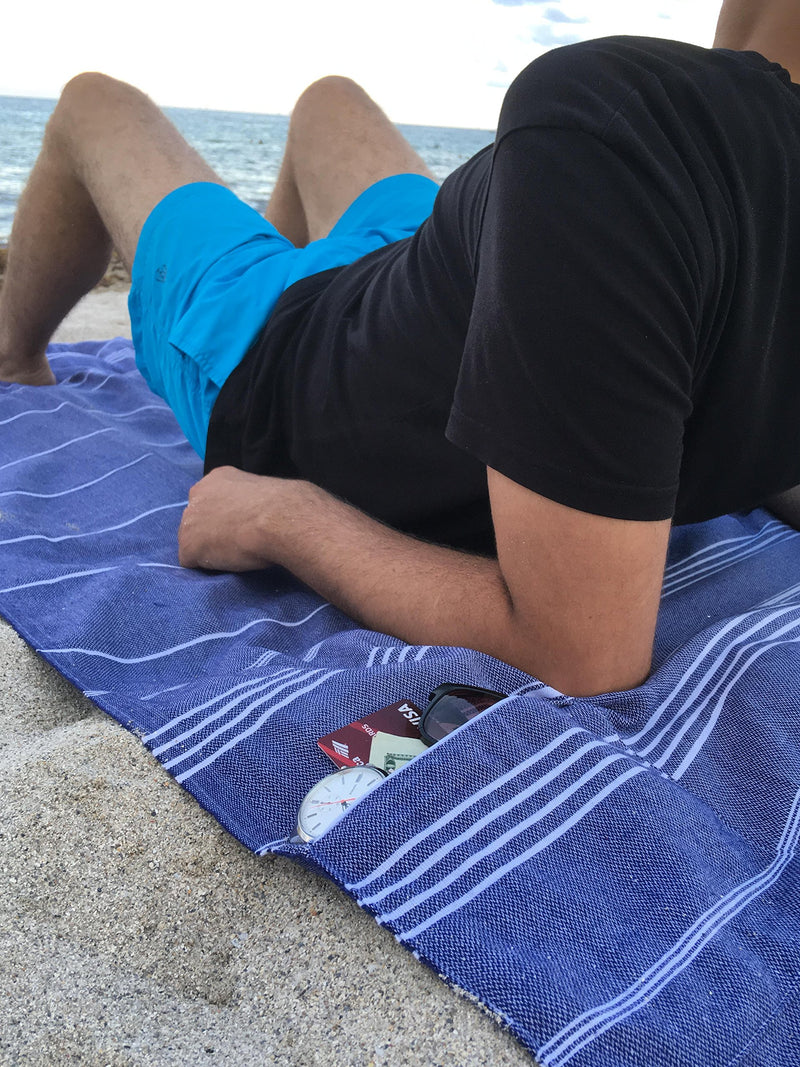 NewNest Australia - Lux Oversized 40x75 Absorbent Cotton Beach Towel w/Hidden Pocket 100% Natural Turkish Cotton XL - SANDPROOF Lightweight Quick Dry | Gym Yoga Poolside Sunbed Throw for Men and Women (Navy Blue) Navy Blue 