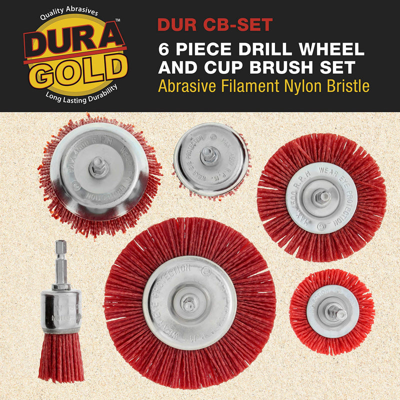 Dura-Gold 6 Piece Abrasive Filament Nylon Wire Bristle Drill Wheel and Cup Brush Set - Coarse Sanding Scuffing, 1/4" Drill Shank - Remove Rust, Corrosion, Paint - Surface Prep Truck Bed Liner Coating - NewNest Australia