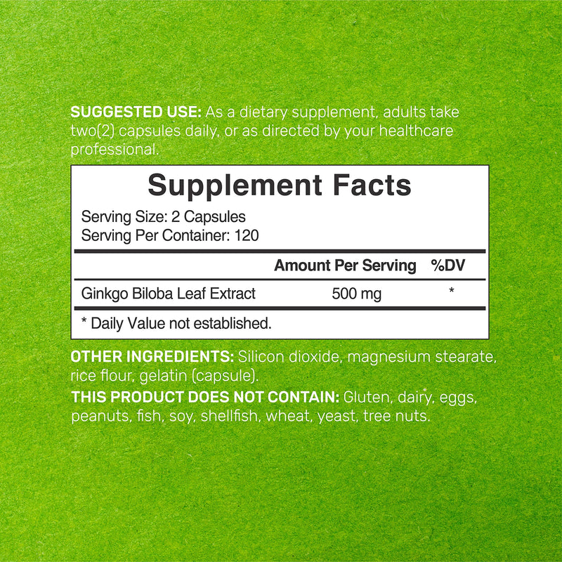 Ginkgo Biloba 500mg Per Serving, 240 Capsules, 4 Months Supply, Grown in Northern Asia | Extra Strength, Promotes Brain Function, Supports Memory & Concentration - NewNest Australia