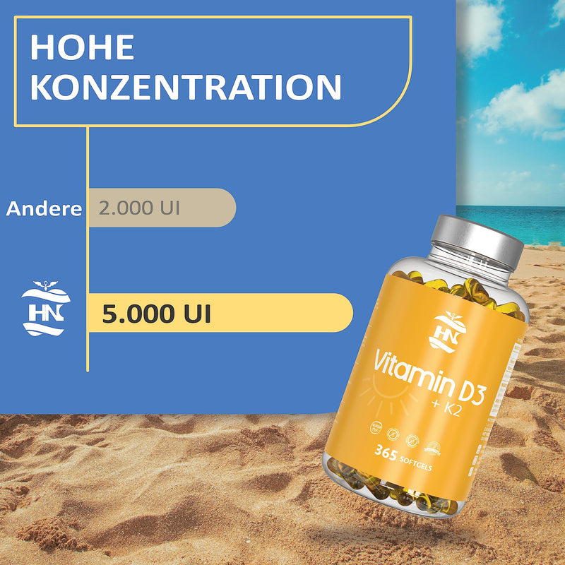 Vitamin D. (5000 IU) 365 Capsules Vitamin D3 + K2 High Dose Supports Immune and Bone Function High Concentration Antioxidants Antifettiga Soft Capsules Premium - NewNest Australia