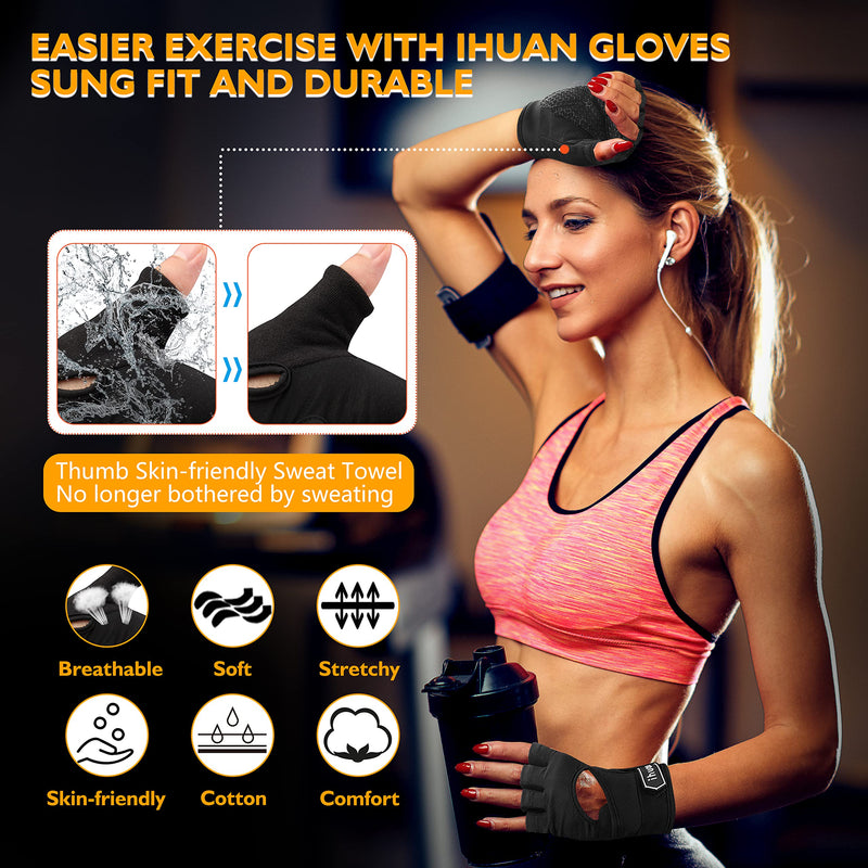 ihuan New Breathable Workout Gloves for Women & Men - No More Sweaty & Full Palm Protection Gym Exercise, Fitness, Weightlifting, Pull-ups, Deadlifting, Rowing Black Medium - NewNest Australia