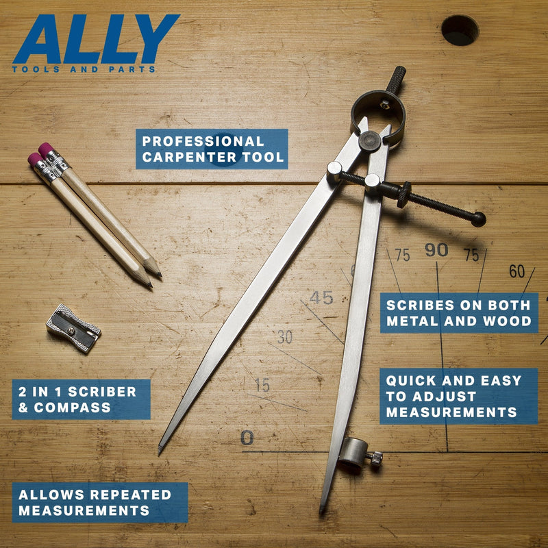 ALLY Tools 8 Inch Precision Spring Divider Scribe Tool/Woodworking Compass with Pencil Holder INCLUDES Two Pencils and Pencil Sharpener Ideal for Drawing Circles, Geometry, Wood, Metal, and Leather - NewNest Australia