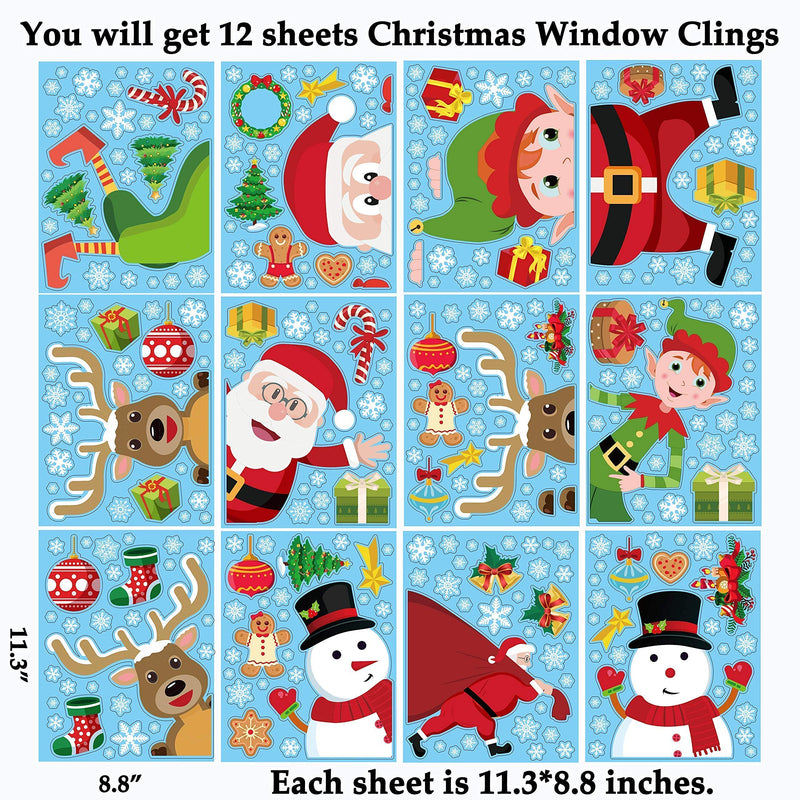 314 PCS 12 Sheets Christmas Window Clings Snowflake Decorations - Winter Wonderland Xmas Party Supplies - Santa Claus Elf Reindeer Peeking Decals - NewNest Australia