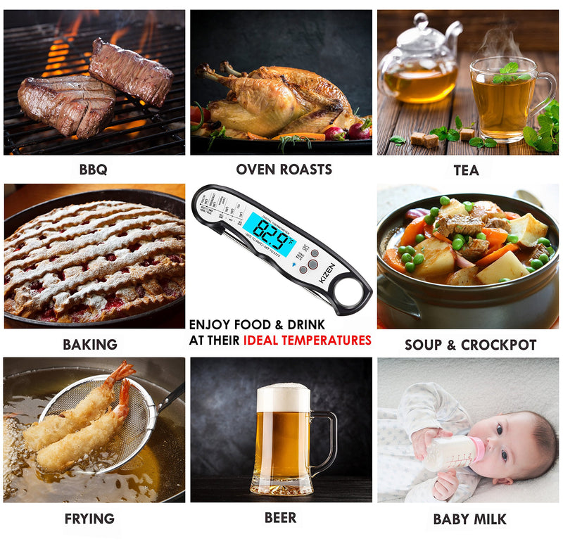 NewNest Australia - Kizen Instant Read Meat Thermometer - Best Waterproof Ultra Fast Thermometer with Backlight & Calibration. Kizen Digital Food Thermometer for Kitchen, Outdoor Cooking, BBQ, and Grill! Jet Black 