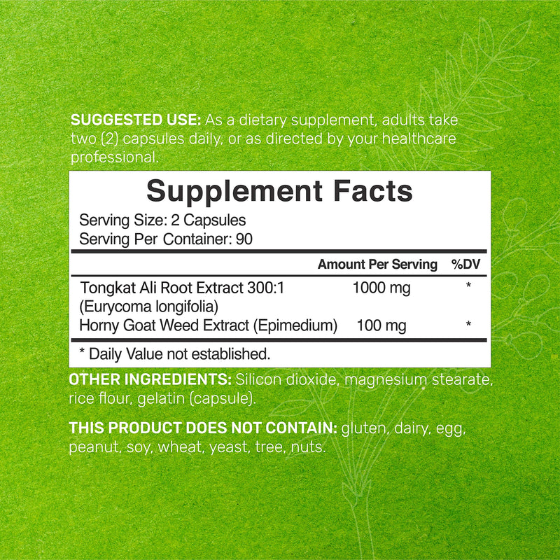 Tongkat Ali Extract 300:1 Enhanced with Horny Goat, 1100mg Per Serving, 180 Capsules, 2-1 Formula, Indonesia Origin Eurycoma Longifolia (Longjack), Max Strength Tongkat Ali for Men - NewNest Australia