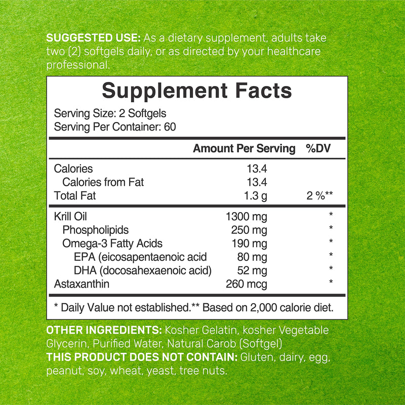 Antarctic Krill Oil Supplement 1300mg, Burpless | High Potency | Mercury Free | Krill Oil Softgels with Omega-3s EPA, DHA and Astaxanthin & Phospholipids, Non GMO, No Gluten (120 Count) - NewNest Australia