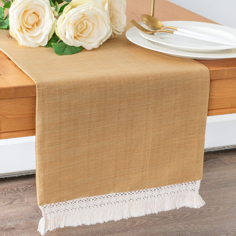 NewNest Australia - The White Petals Gold Long Table Runners with Macrame Lace Boho Decor (13x108 inch, Pack of 1) Fabric Lined | Properly Finished, No Fray Edges | for Home, Kitchen, Dining Room, Holiday, Wedding Party 13x108 inch 