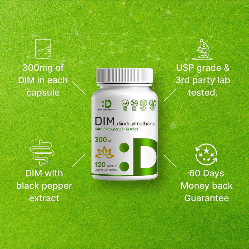 DIM Supplement 300mg, 120 Veggie Caps, 4 Months Supply, 2-1 Formula, Diindolylmethane DIM Plus Black Pepper Extract, Estrogen Balance, Supports Acne & PCOS Relief - NewNest Australia