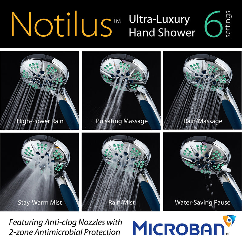 Hotel Spa Notilus Antimicrobial High Pressure Luxury Hand Shower - 6 Settings, Antimicrobial Anti-Clog Nozzles and Grip, Metal Fittings, Stainless Steel Hose / All-Chrome Finish / Top American Brand - NewNest Australia