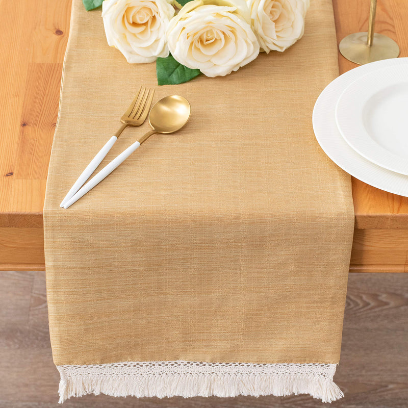 NewNest Australia - The White Petals Gold Long Table Runners with Macrame Lace Boho Decor (13x108 inch, Pack of 1) Fabric Lined | Properly Finished, No Fray Edges | for Home, Kitchen, Dining Room, Holiday, Wedding Party 13x108 inch 