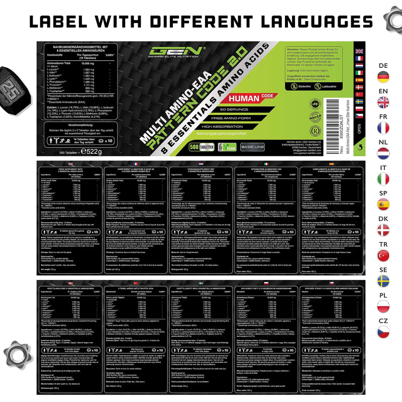 Multi Amino-EAA Pattern Code - 500 tablets with 1000 mg each - Human Code Formula - All 8 essential amino acids - From plant fermentation - High dosage - Vegan - NewNest Australia