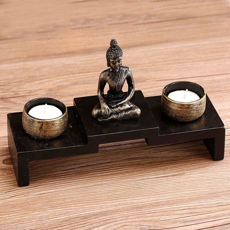 NewNest Australia - MyGift Mini Buddha Statue Zen Decoration with 2 Tealight Candle Holders and Wood Shelf Base 