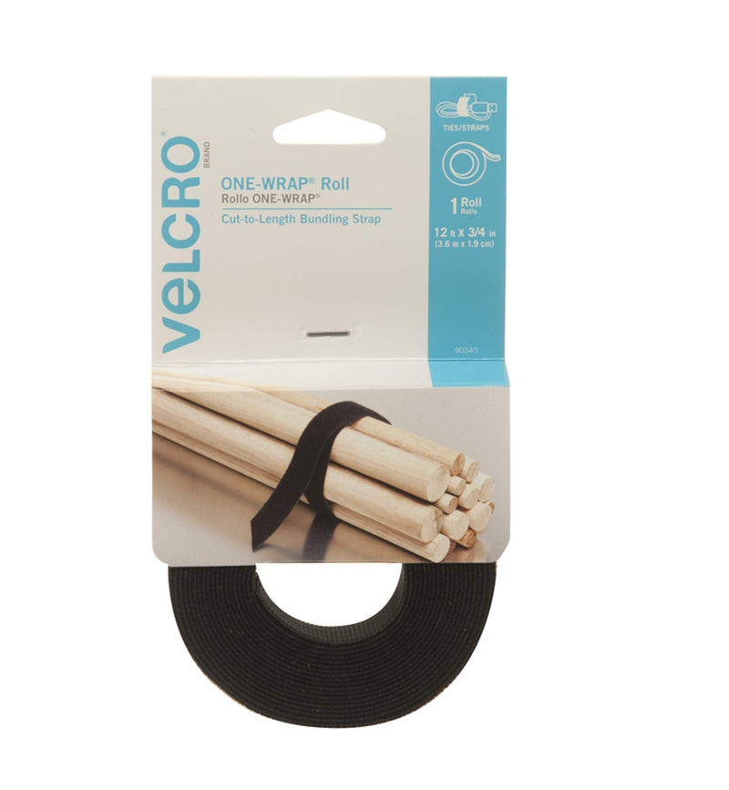VELCRO Brand - ONE-WRAP Roll, Double-Sided, Self Gripping Multi-Purpose Hook and Loop Tape, Reusable, 12' x 3/4" Roll - Black 12ft x 3/4in - NewNest Australia