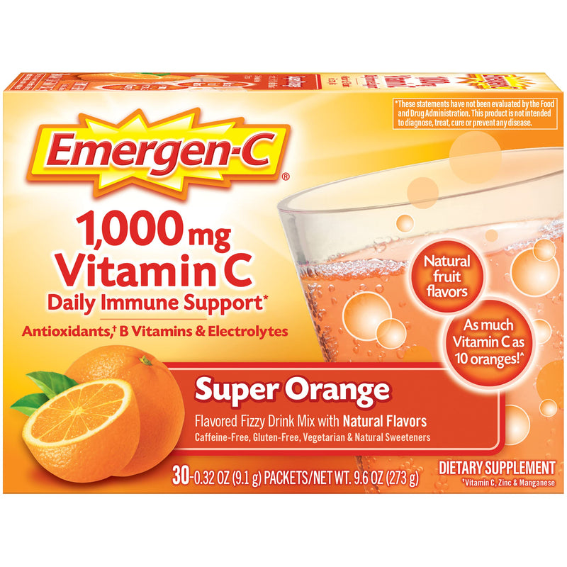 Emergen-C 1000mg Vitamin C Powder for Daily Immune Support Caffeine Free Vitamin C Supplements with Zinc and Manganese, B Vitamins and Electrolytes, Super Orange Flavor - 30 Count 0.32 Ounce (Pack of 30) - NewNest Australia