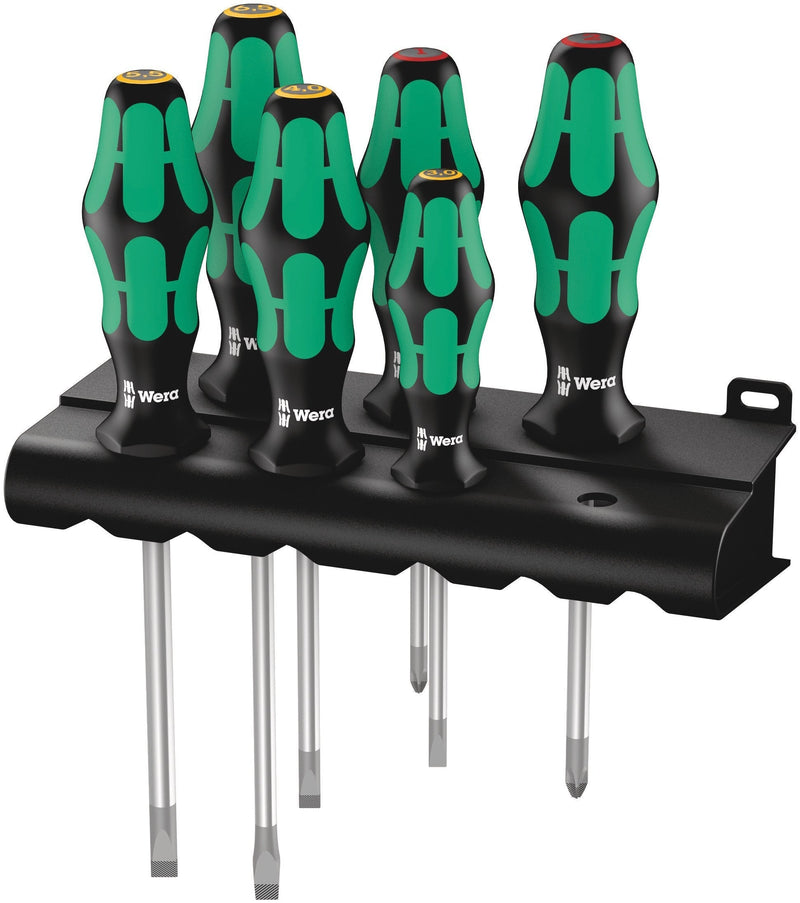 Wera - 5105650001 Kraftform Plus 334/6 Screwdriver Set with Rack and Lasertip, 6-Pieces Slotted: 6.5x150mm, 3x80mm, 4x100mm, 5.5x125. Phillips: PH1x80, PH2x100 - NewNest Australia