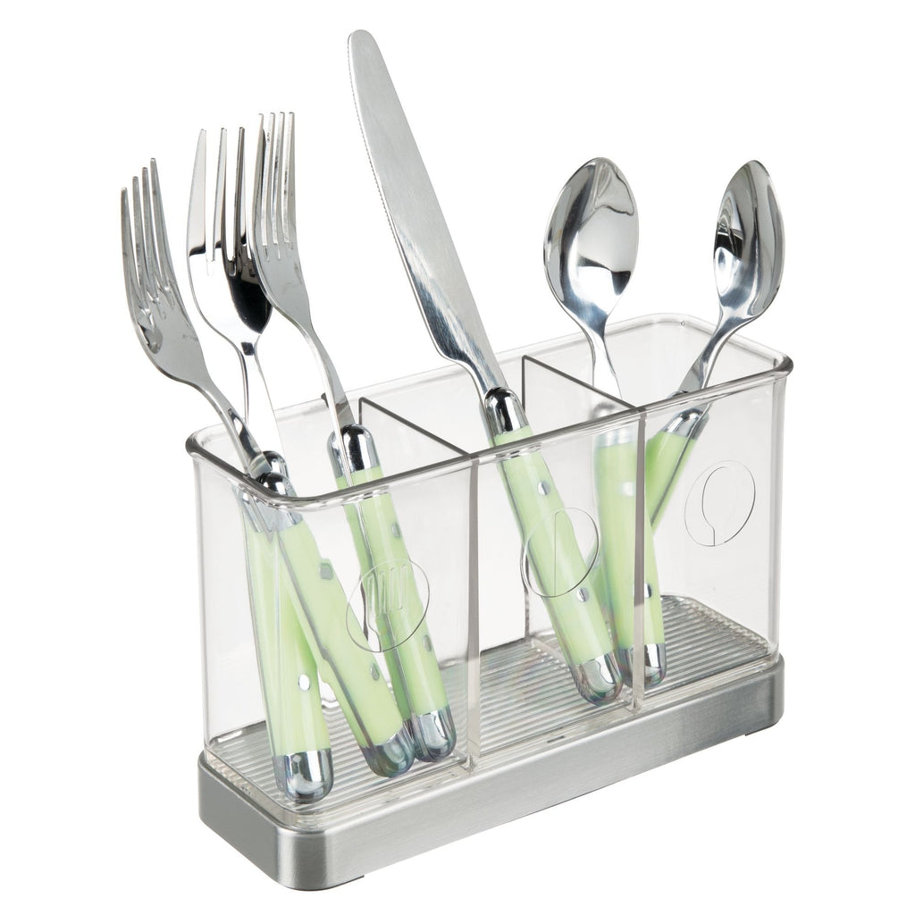 iDesign Forma Utensil, Spatula, Silverware Holder for Kitchen Countertop Storage, Organize Forks, Knives, Spoons, 3 Compartments, Brushed Stainless Steel and Clear Flatware Holder - NewNest Australia