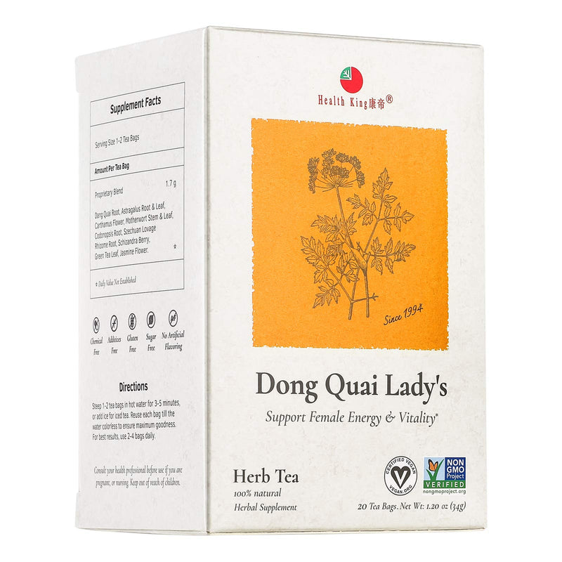 Dong Quai Lady's Herb Tea by Health King - Female Qi-Blood balance & Energy - ( 1 Pack, 20 Count, with Non-GMO, Vegan, Dang Quai Root, Astragalus Root & Leaf, Carthamus Flower, Motherwort Stem & Leaf, Codonopsis Root, Szechuan Lovage Rhizome Root, Schi... - NewNest Australia