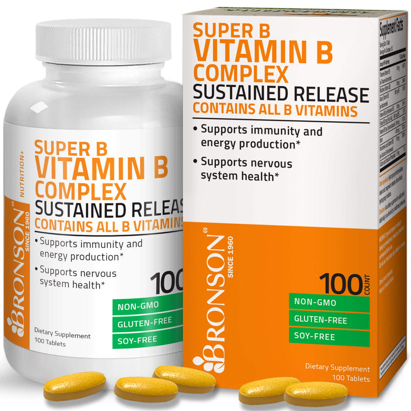 Bronson Super B Vitamin B Complex Sustained Slow Release (Vitamin B1, B2, B3, B6, B9 - Folic Acid, B12) Contains All B Vitamins 100 Tablets 100 Count (Pack of 1) - NewNest Australia