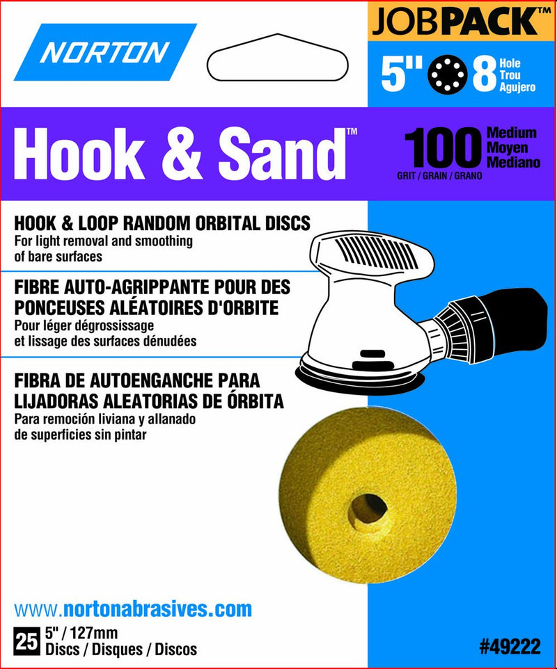 Norton Hook & Sand JobPack 49222 Hook & Loop Random Orbital Discs, P100 Medium Grit, Aluminum Oxide Abrasive, For Finish Sanding and Cleaning of Bare Surfaces, 5" x 8 Hole (A290) (Pack of 25) - NewNest Australia