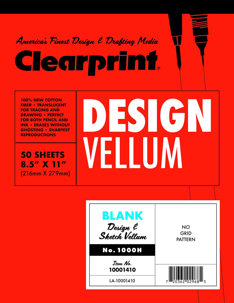 Clearprint 1000H Design Vellum Pad, 16 lb, 100% Cotton, 8-1/2 x 11 Inches, 50 Sheets, Translucent White, 1 Each (10001410) - NewNest Australia